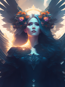 “Living the angel of death in mepism with halo behind her, intricate, elegant, highly detailed, digital painting, artstation, concept art, matte, sharp focus, illustration, art by Artgerm and Greg Rutkowski and Alphonse Mucha , Bright Lighting , Studio quality , Smooth rendering , Beautiful”