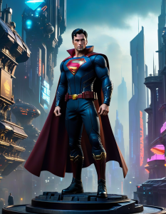 “A stunning steampunk figurine of Superman stands in a futuristic cityscape, surrounded by mechanical marvels. Vibrant, dynamic, epic lighting.”