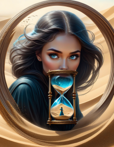 “- A mesmerizing portrait of a woman trapped in an hourglass, surrounded by flowing sand and a holographic magic circle. Dynamic, ethereal, holographic lighting.”