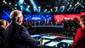 “Make me an image of a televised presidential debate between a reality TV star and an old man, with an audience full of reporters and cheering fans.”