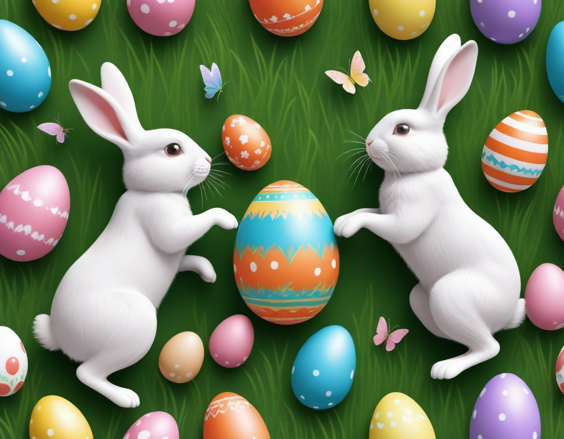 3d vector art of easter bunnies playing with easter eggs, grasses and flying butterflies,  isolated on white background