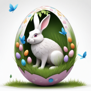 3d vector art of easter bunny inside an easter egg, grasses and flying butterflies,  isolated on white background