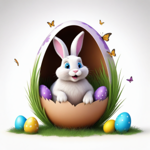 3d vector art of easter bunny inside an easter egg, grasses and flying butterflies,  isolated on white background