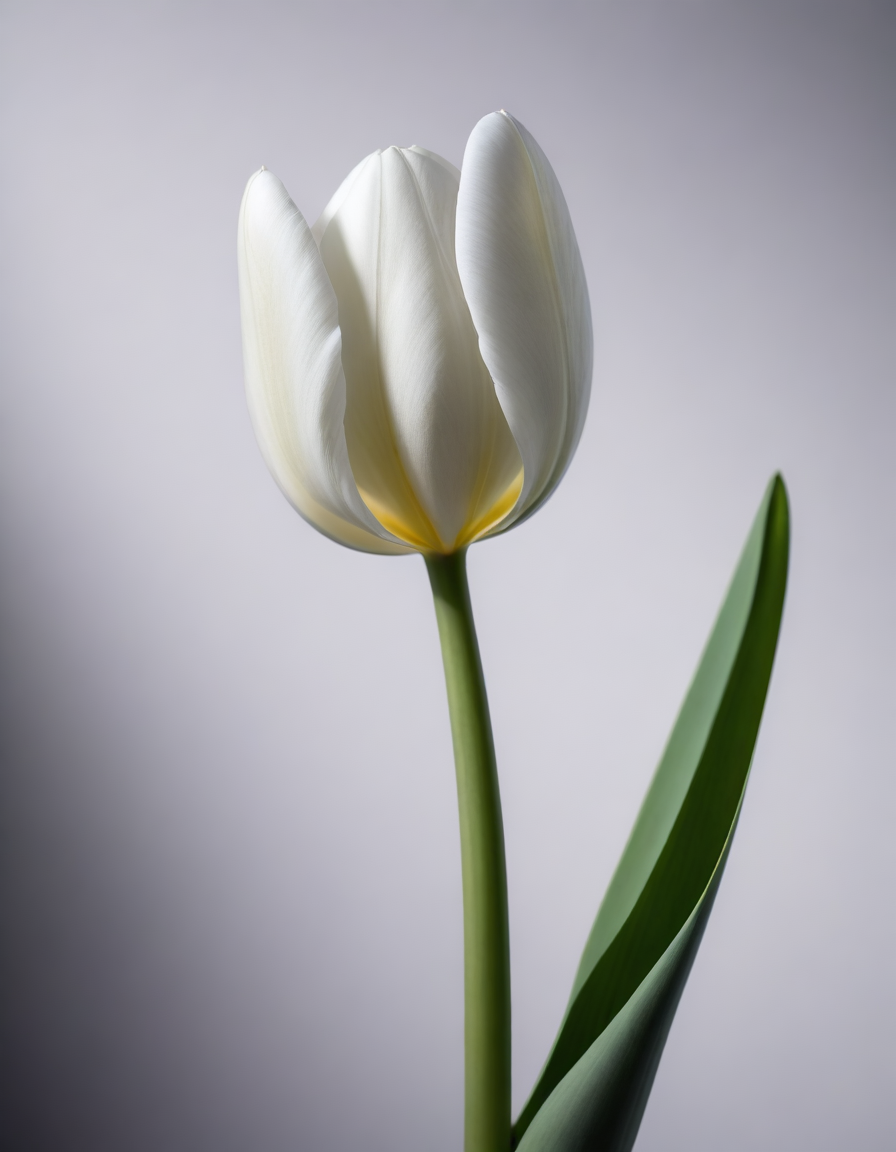 A captivating still life photograph showcasing a single white tulip in full bloom, gracefully curving towards the light. The image should emphasize the smoothness of the petals and the intricate details of the flower’s center. Shot with a Fujifilm X-T4 mirrorless camera, using a 35mm lens, aperture f/1.8, against a pristine white backdrop to create a minimalist and elegant composition