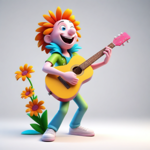 3d vector art, a flower is playing a guitar, isolated on white background