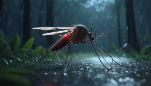 3d vector art of a mosquito in the rain, isolated at night in the forest, cinematic scene