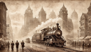 “A steam engine cityscape with towering skyscrapers and bustling streets, enveloped in a thick fog. Industrial, gritty, sepia-toned lighting.”