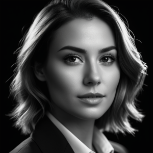 “black and white style, woman business professional headshot for a ux designer with black background”