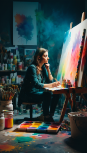 A woman artist thinking of colorful paint sits before a blank canvas in her cluttered art studio. Moody lighting adds to the atmosphere